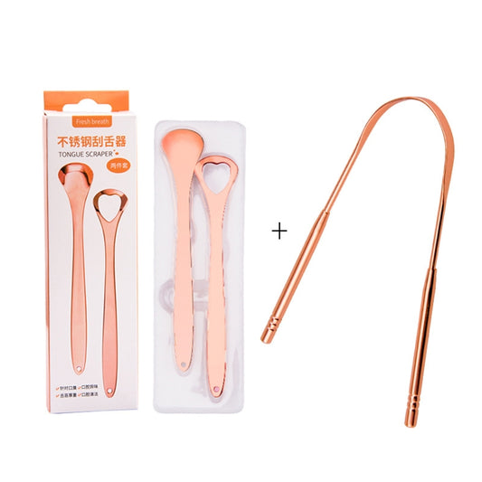 Tongue Cleaner Bad Breath Stainless Steel Cleaning Brush Tongue Scraper + Two-piece Set (Rose Gold) by bashfashion