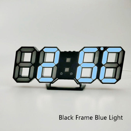 6609 3D Stereo LED Alarm Clock Living Room 3D Wall Clock, Colour: Black Frame Blue Light by bashfashion