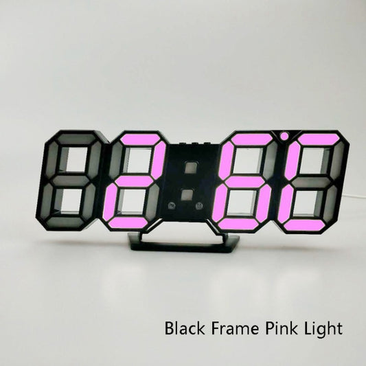 6609 3D Stereo LED Alarm Clock Living Room 3D Wall Clock, Colour: Black Frame Pink Light by bashfashion