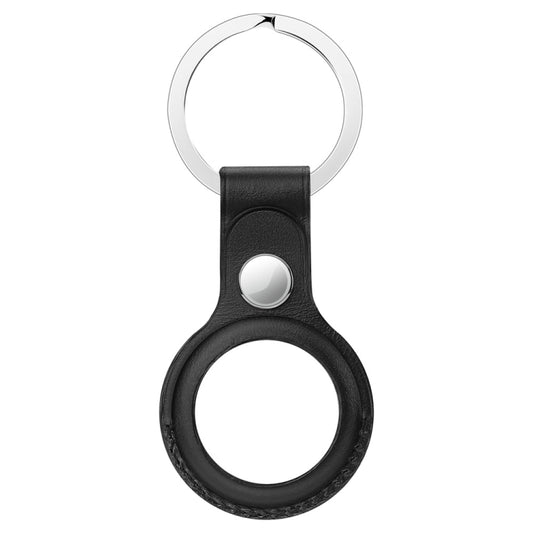 Anti-scratch Top-layer Cowhide Leather Protective Cover with Hanging Buckle for AirTag(Black) by bashfashion