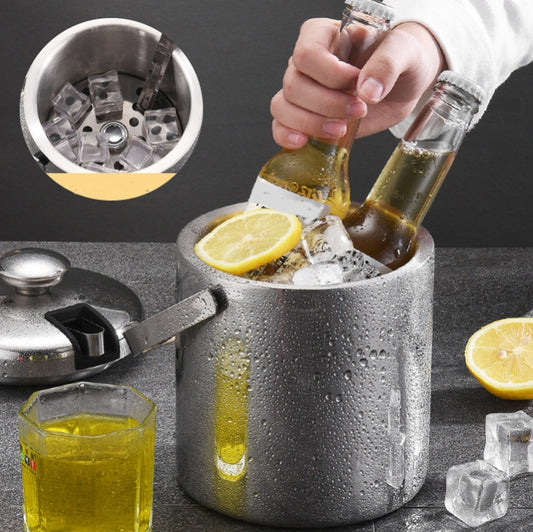 304 Stainless Steel Ice Bucket Double-Layer Hollow Bar Beer Wine Barrel With Ice Clip, Capacity: 1.3L by bashfashion