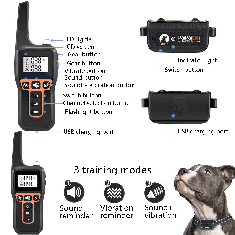 PaiPaitek PD529V-1 Training Dog Anti-Barking Device Vibration Collar 1000M Remote Control Distance Pet Training Supplies by PaiPaitek