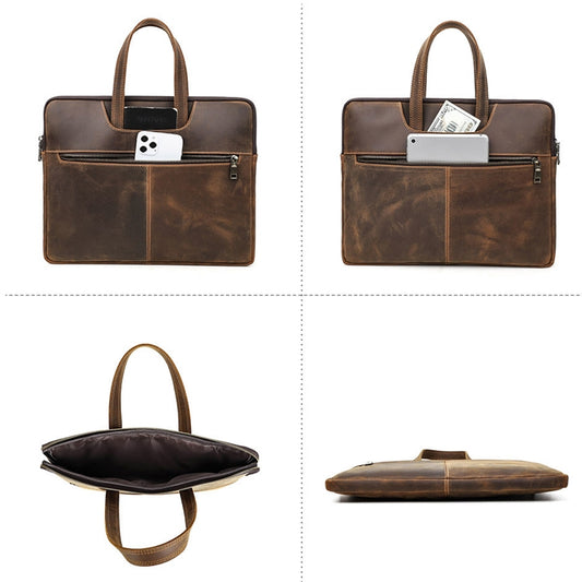 CONTACTS FAMILY CF3010 Crazy Horse Leather Multifunctional Laptop Handbag For Macbook Pro 16 Inch(Coffee) by CONTACTS FAMILY