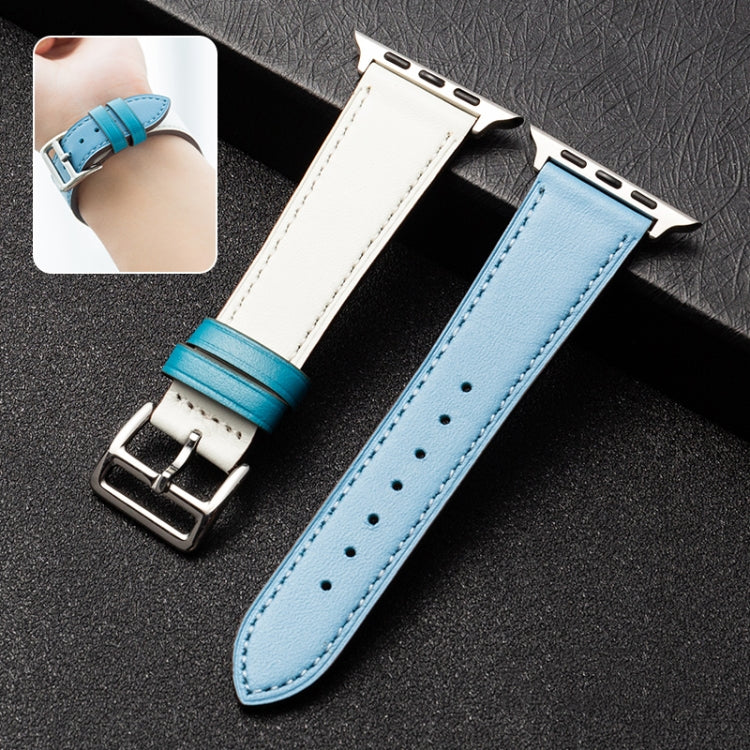 Cowhide Leather Strap Watch Band For Apple Watch Ultra 49mm&Watch Ultra 2 49mm / Series 9&8&7 45mm / SE 3&SE 2&6&SE&5&4 44mm / 3&2&1 42mm(Light Blue White) by bashfashion
