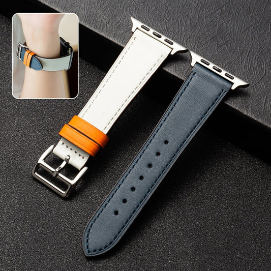 Cowhide Leather Strap Watch Band For Apple Watch Ultra 49mm&Watch Ultra 2 49mm / Series 9&8&7 45mm / SE 3&SE 2&6&SE&5&4 44mm / 3&2&1 42mm(Dark Blue White) by bashfashion