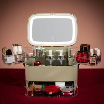 Cosmetic Storage Box Dustproof Skin Care Products Desktop LED With Mirror Shelf, Colour: Green Large LED Light Model by bashfashion