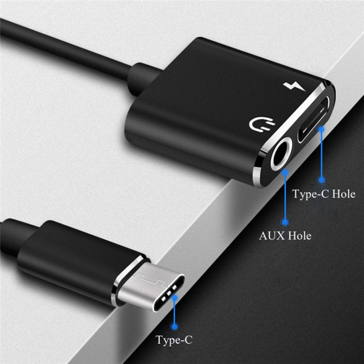 USB-C / Type-C to 3.5mm Aux + USB-C / Type C Earphone Adapter Charger Audio Cable(black) by bashfashion