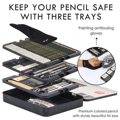 KALOUR 70 in 1 Sketch Pencil Iron Box Set Sketch Tool Set Fine Art Painting Pencil(Black) by KALOUR