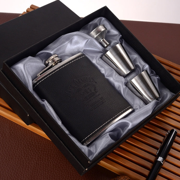 Portable Stainless Steel Hip Flask Set With Wine Glass Funnel, Style: 7OZ Black Leather Jack Gray by bashfashion