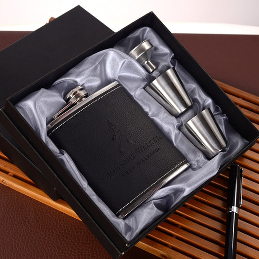 Portable Stainless Steel Hip Flask Set With Wine Glass Funnel, Style: 7OZ Black Leather Old Man Gray by bashfashion