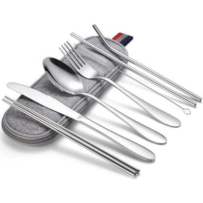 7 in 1 Cutlery Spoon Chopsticks And Straw Set Stainless Steel Portable Cutlery Set, Specification: Silver + Light Bag by bashfashion