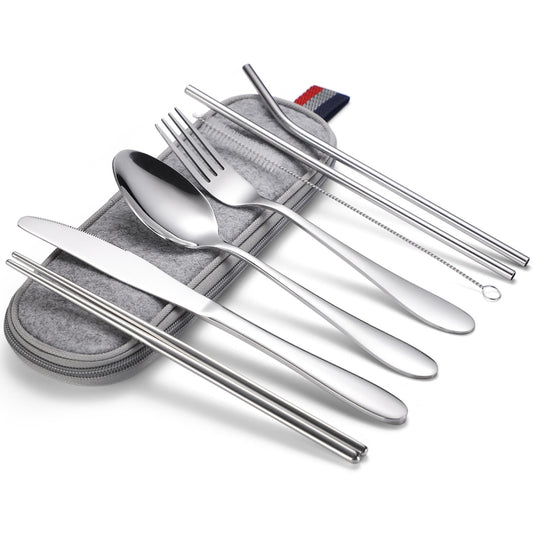 7 in 1 Cutlery Spoon Chopsticks And Straw Set Stainless Steel Portable Cutlery Set, Specification: Silver + Light Bag by bashfashion