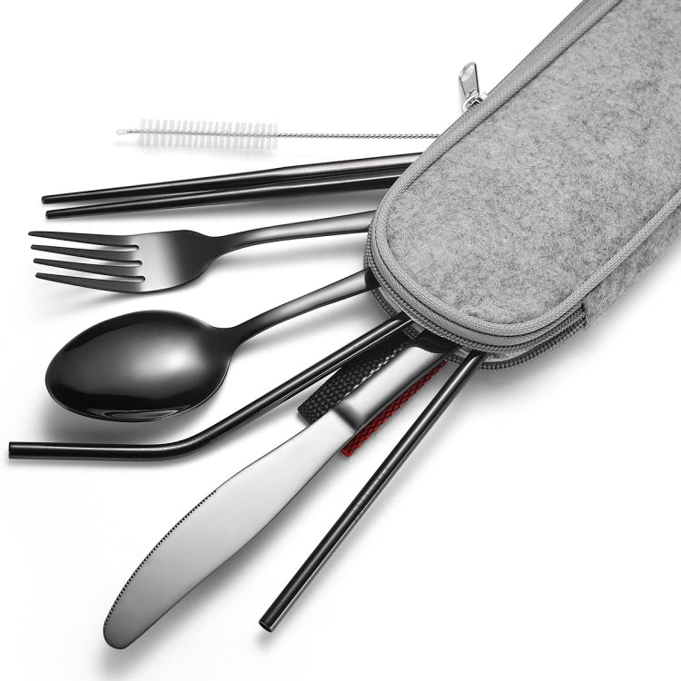 7 in 1 Cutlery Spoon Chopsticks And Straw Set Stainless Steel Portable Cutlery Set, Specification: Silver + Light Bag by bashfashion