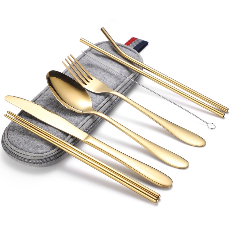 7 in 1 Cutlery Spoon Chopsticks And Straw Set Stainless Steel Portable Cutlery Set, Specification: Gold+ Light Bag by bashfashion