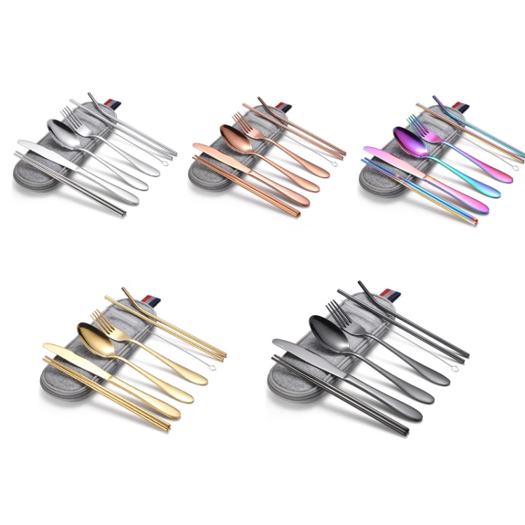 7 in 1 Cutlery Spoon Chopsticks And Straw Set Stainless Steel Portable Cutlery Set, Specification: Rose+ Light Bag by bashfashion