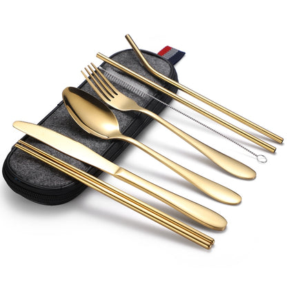 7 in 1 Cutlery Spoon Chopsticks And Straw Set Stainless Steel Portable Cutlery Set, Specification: Gold + Deep Bag by bashfashion