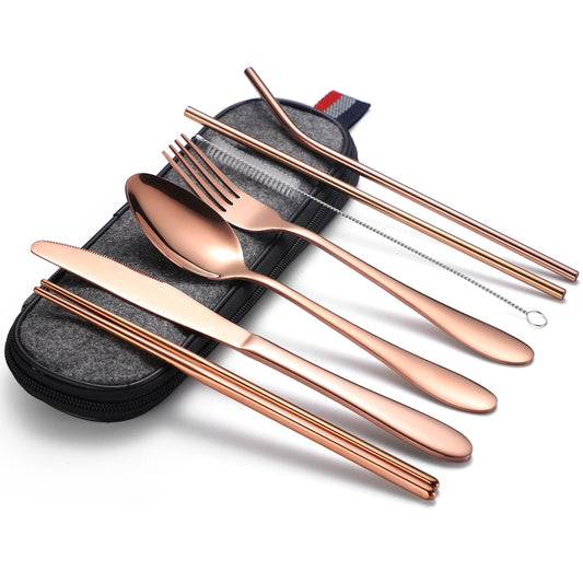 7 in 1 Cutlery Spoon Chopsticks And Straw Set Stainless Steel Portable Cutlery Set, Specification: Rose + Deep Bag by bashfashion