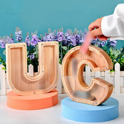 Wooden English Alphabet Piggy Bank Transparent Acrylic Piggy Bank(Y) by bashfashion