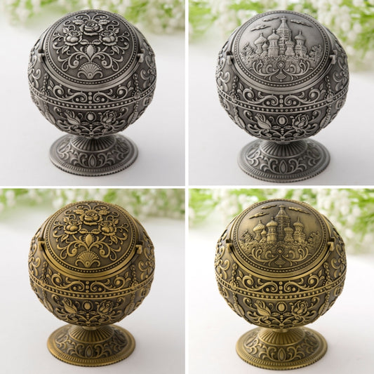 Retro Metal Spherical Ashtray With Lid Home Living Room Decoration Ornaments(Tin Color Castle) by bashfashion