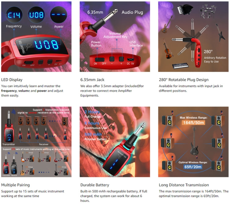 U12DX 6.35mm Jack Wireless Guitar Transmitter Receiver Rechargeable Adapter(Black) by bashfashion