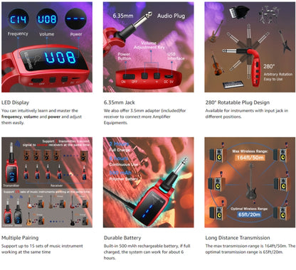 U12DX 6.35mm Jack Wireless Guitar Transmitter Receiver Rechargeable Adapter(Black) by bashfashion