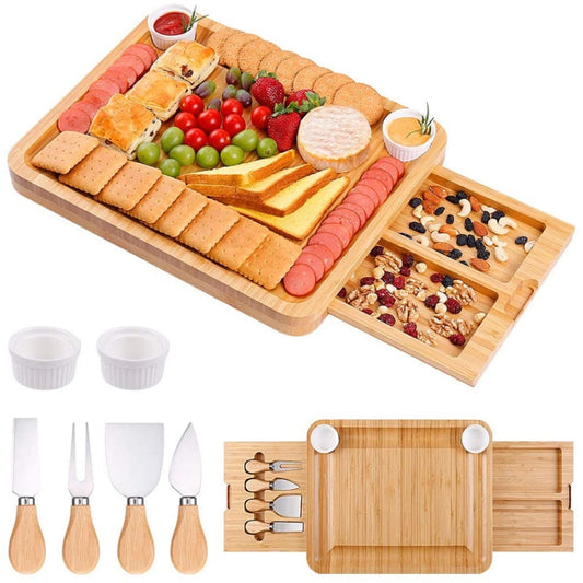 39 x 33 x 3.8cm Natural Bamboo Cheese Board +4 Knife Set by bashfashion