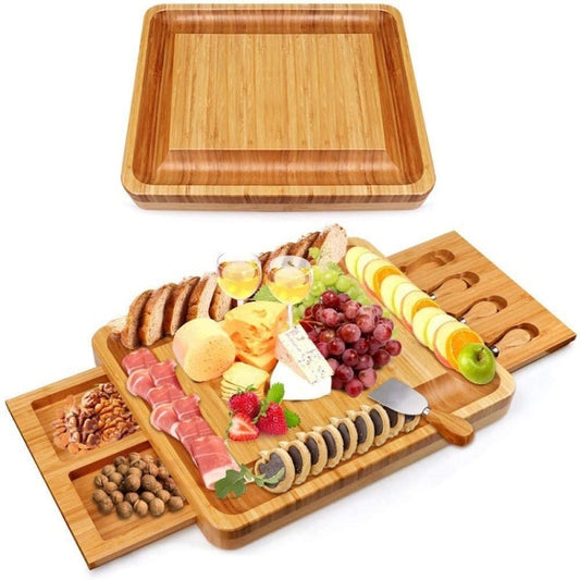 39 x 33 x 3.8cm Natural Bamboo Cheese Board +4 Knife Set by bashfashion