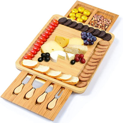 39 x 33 x 3.8cm Natural Bamboo Cheese Board +4 Knife Set by bashfashion
