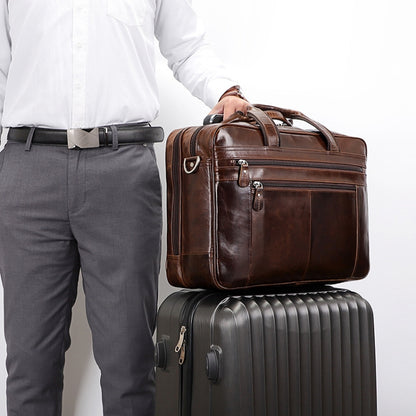 Men Retro Oil Wax Leather Handbag 17 Inch Computer Bag Shoulder Diagonal Briefcase(Brown) by J.M.D