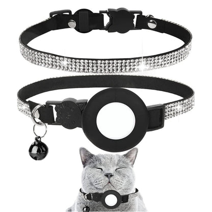 Rhinestone Pet Collar with Bell for Airtag Tracker Case(White Diamond Black) by bashfashion