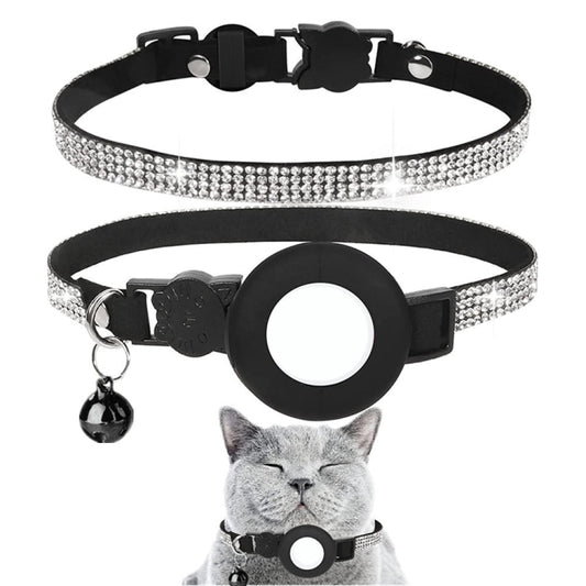 Rhinestone Pet Collar with Bell for Airtag Tracker Case(White Diamond Black) by bashfashion
