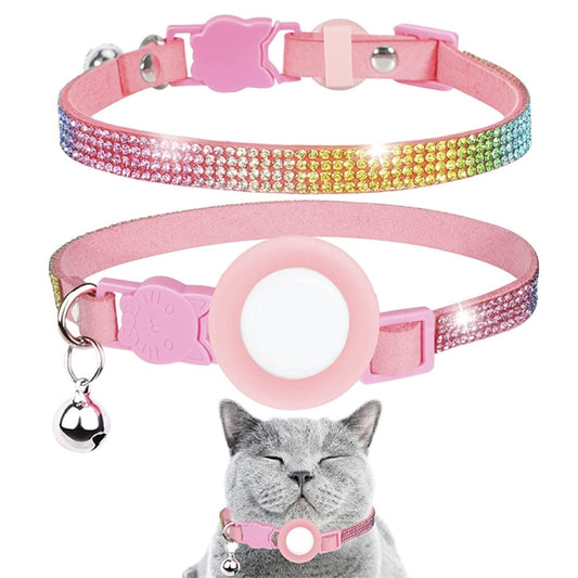 Rhinestone Pet Collar with Bell for Airtag Tracker Case(Color Diamond Pink) by bashfashion