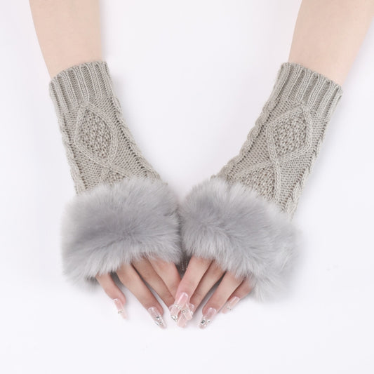 Ladies Short Type Furry Gloves Diamond Knit Warm Fingerless Arm Sleeves(Light Grey) by bashfashion