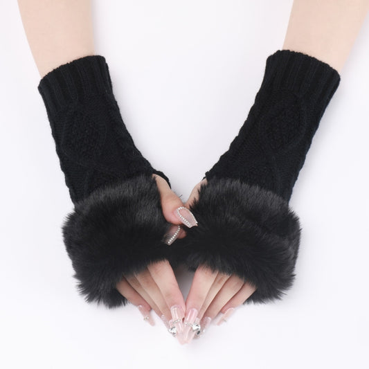 Ladies Short Type Furry Gloves Diamond Knit Warm Fingerless Arm Sleeves(Black) by bashfashion