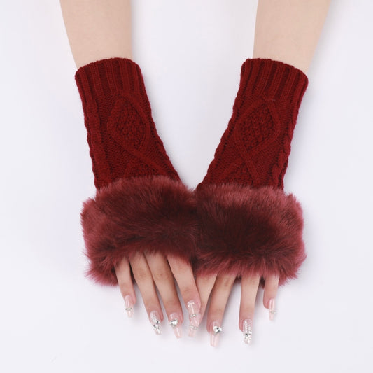 Ladies Short Type Furry Gloves Diamond Knit Warm Fingerless Arm Sleeves(Wine Red) by bashfashion
