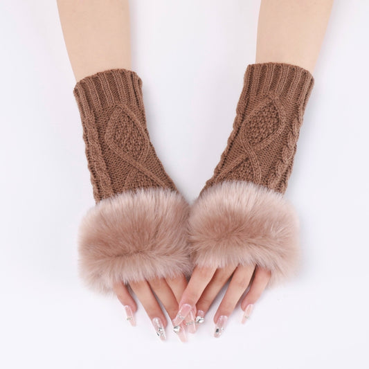 Ladies Short Type Furry Gloves Diamond Knit Warm Fingerless Arm Sleeves(Khaki) by bashfashion