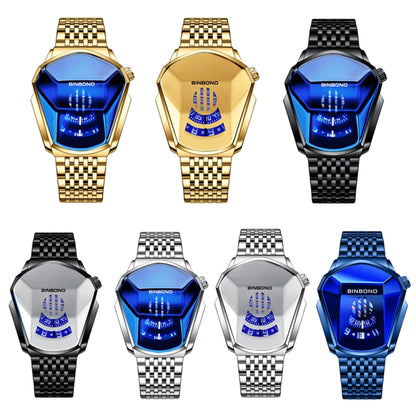 BINBOND Locomotive Concept Steel Belt Watch Men Live Black Technology Watch(Full Gold-Blue Face) by BINBOND