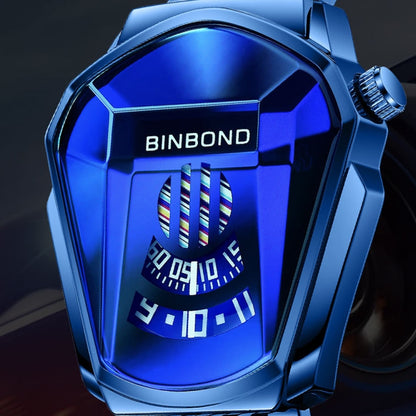 BINBOND Locomotive Concept Steel Belt Watch Men Live Black Technology Watch(Black Stee Blue Face) by BINBOND