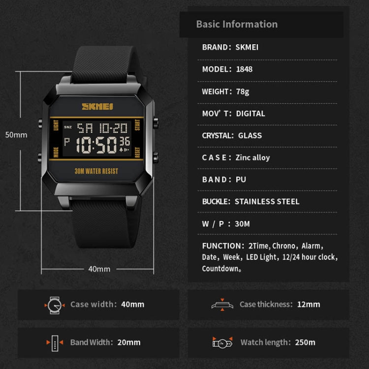 SKMEI 1848 Fashion Multifunctional Student Sports Waterproof Men Watch(Black) by SKMEI