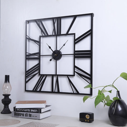 2053 58cm Vintage Living Room Wrought Iron Square Roman Metal Wall Clock, Color: Black+Black Needle by bashfashion