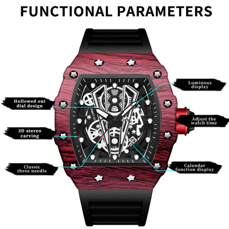 BINBOND B6577 Barrel Shape 30m Waterproof Sports Quartz Watch(Black Silicon-Red-Black) by BINBOND