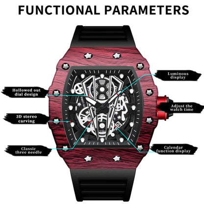 BINBOND B6577 Barrel Shape 30m Waterproof Sports Quartz Watch(Black Silicon-Red-Black) by BINBOND