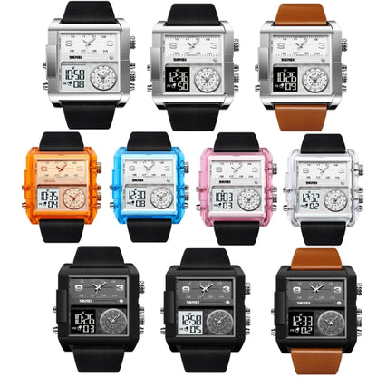 SKMEI 2020 Square Large Dial Triple Movement Men Sports Watch(Silver Shell Brown Belt Black Machine) by SKMEI