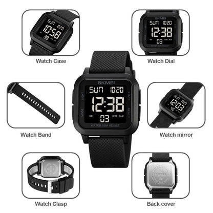 SKMEI 1894 Square Sports Waterproof Student Simple Multifunctional Luminous Watch(Black White Machine) by SKMEI