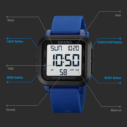 SKMEI 1894 Square Sports Waterproof Student Simple Multifunctional Luminous Watch(Blue Black Machine) by SKMEI