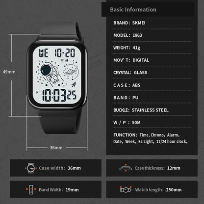 SKMEI 1863 Multifunctional Astronaut Student Digital Sports Square Watch(Black White Machine) by SKMEI
