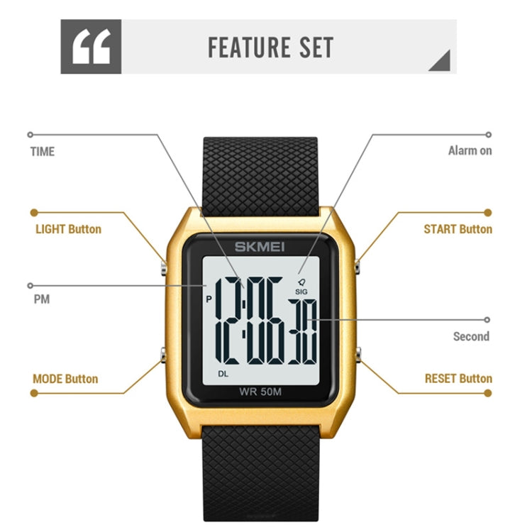 SKMEI 1866 Square Large Screen Men Steel Belt Multi-function Night Light Alarm Clock Watch(Black Black Machine) by SKMEI