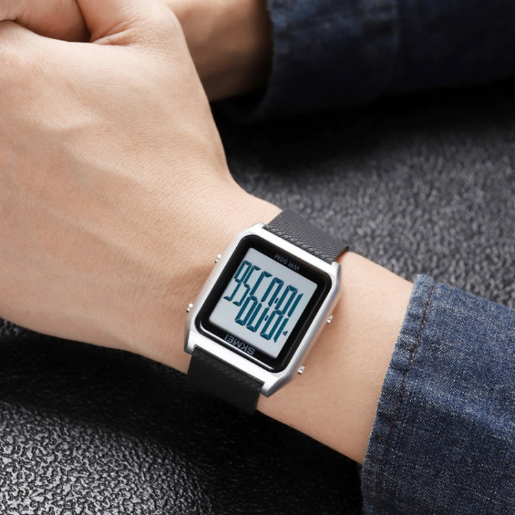 SKMEI 1866 Square Large Screen Men Steel Belt Multi-function Night Light Alarm Clock Watch(Blue Black Machine) by SKMEI