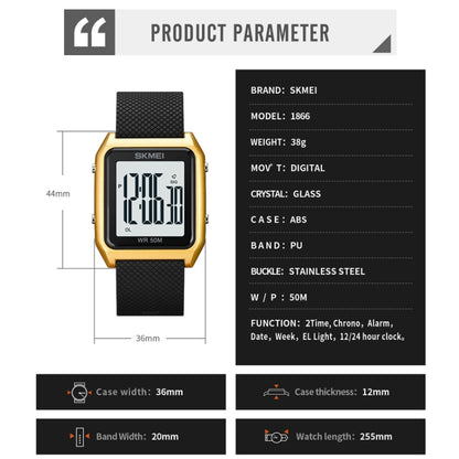 SKMEI 1866 Square Large Screen Men Steel Belt Multi-function Night Light Alarm Clock Watch(Gold White Machine) by SKMEI