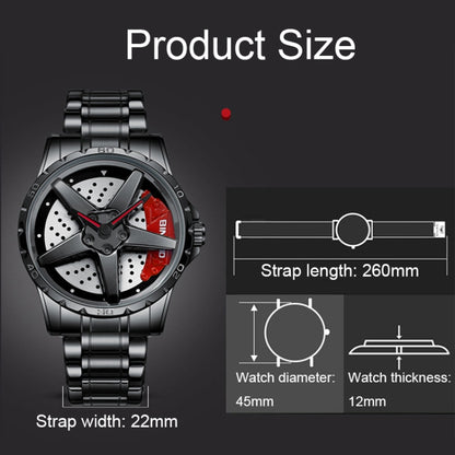BINBOND D002 Car Hub Dial Multifunctional Waterproof and Wear-resistant Men's Watch(Black Steel-Red) by BINBOND